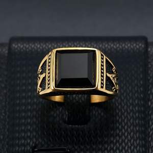 Retro Fashion Big Square Black Gemstone <strong>Titanium</strong> Stainless Steel <strong>Men</strong> <strong>Rings</strong> Gold Plated Knight Signet Masonic <strong>Rings</strong> - Product Image 3