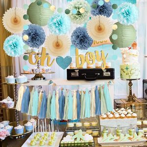 Decoraciones para Baby Shower en Azul Polvoriento y <span class=keywords><strong>Verde</strong></span> Salvia, Banner 'Oh Boy', Pompones de Papel de Seda Beige Claro, Abanicos, Kit de Guirnaldas con Borlas Crema - Product Image 2