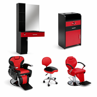 Kit Completo de Muebles para Barbería Rojo y Negro, Silla de Barbero, Espejo de Estilismo, Gabinete, Taburete para Técnico, Equipo Completo para Salón de Belleza