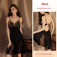 Chemise de nuit élégante et sexy pour femmes, en satin de polyester, avec dentelle, sans manches, sans col, pour le printemps, l'été et l'automne, pyjama, vêtements de maison