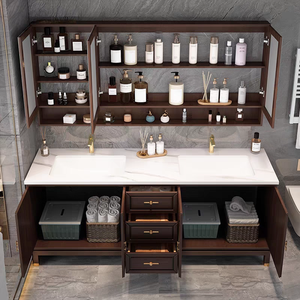 Modern bathroom cabinet smart <b>solid</b> <b>wood</b> floor-standing bathroom washbasin basin cabinet bathroom double basin - Product Image 3