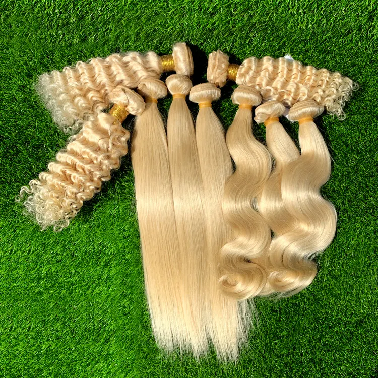 Cabelo humano virgin, 8a 10a 12a virgem russo #613 ondas de cabelo humano peruca lisa onda profunda pacotes de cabelo loiro