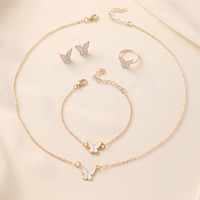 Ensemble de bijoux pour femmes, bracelet papillon porte-bonheur en 4 pièces, émail blanc et rose, plaqué or, bracelet, collier, bague, boucles d'oreilles