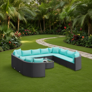 Black And Water Blue Patio <b>Sofa</b> <b>Set</b> Elegant Garden <b>Sofas</b> Outdoor Furniture UV Resistant PE Rattan High Density Foam Cushions - Product Image 2