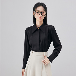 Black Long Sleeve Shirt Women Solid Color Pointed Collar Office Blouse Polyester Fabric Simple Style - Product Image 1