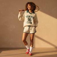 Ensemble de survêtement de tennis pour femmes, sweat-shirt à col polo contrasté, short de sport imprimé, vert crème, 2 pièces, vente en gros