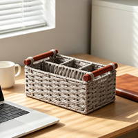 Panier de rangement rustique à 4 compartiments, tissé à la main, design minimaliste, poignées en bois rouge, organisateur divisé pour la maison et la cuisine