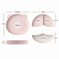 Assiette à ventouse en silicone rose pour tout-petits, plat de repas pour bébé avec section amovible et cuillère