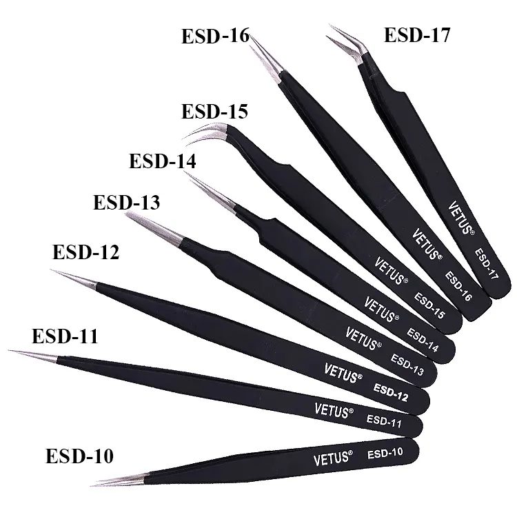 Original VETUS Anti-static Tweezers High Precision Anti Static Stainless Steel ESD Tweezer for Cleanroom Assembly Tools