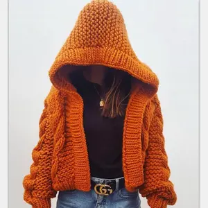 Custom Design Thick Intarsia Lazy Loose Senior Hand Knitted Woolen Sweater with hat For Ladies