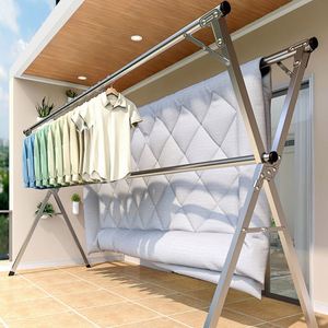 Séchoir à linge pliable en métal pour balcon, support mural ou sur pied, avec crochets métalliques pour vêtements - Product Image 4