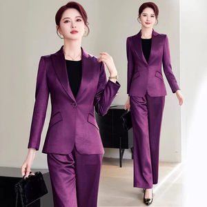 Women's Purple Suit Set Full Sleeve Satin Anti-Wrinkle Office Lady Workwear Commuting to Work - Product Image 1