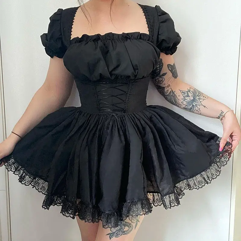 로리타 귀여운 달콤한 퍼프 슬리브 스퀘어 넥 드레스 2021 가을 레이스 공주 드레스