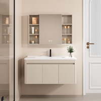 Meuble-lavabo de salle de bain moderne en aluminium alvéolé flottant, avec vasque en céramique étanche, miroir intelligent et étagères latérales ouvrables