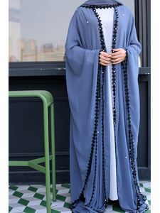 LEDDUO Luxury bead Lace Trim Open Front Cardigan with Hijab Dubai <b>Kaftan</b> Chiffon Abaya - Product Image 3