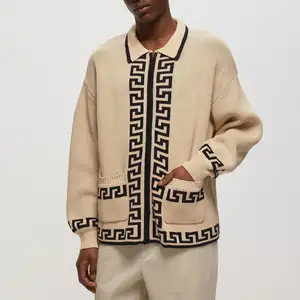 Custom LOGO OEM ODM Polo Intarsia Pattern Zip Up Cardigan Knit Sweater Winter Knitwear Casual Knitted Jacket Coat