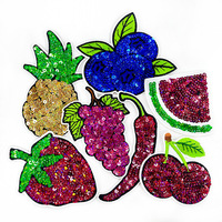 Patchs thermocollants à sequins en forme de fruits, appliques brillantes (raisin, ananas, piment, pastèque) pour la personnalisation de chapeaux, vêtements, sacs et coques de téléphone