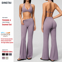Ensemble de yoga 2 pièces pour femme, doux comme du beurre, respirant, grande taille, avec soutien-gorge de sport dos nu en V profond et pantalon évasé taille haute à effet ventre plat
