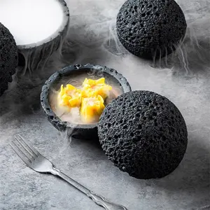 Restaurant Supply Creative Volcanic Stone Ball Shape Seafood Sushi Serving Sashimi Ice Smoke Plate Ice Tray Plate Porcelain