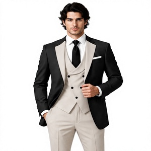 Traje formal de 3 piezas para hombre, color negro y marfil, con solapa en contraste, blazer, chaleco de doble botonadura, pantalones, traje de novio para boda - Product Image 1