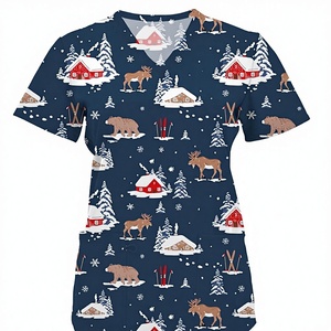 Blusa Médico con Cuello en V para Mujer - Tela <span class=keywords><strong>Dobby</strong></span> de Poliéster con Estampados Navideños, de Acción de Gracias y de Halloween - Product Image 1