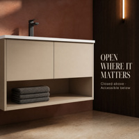 Meuble de salle de bain mural double porte avec vasque en céramique, étagère ouverte, gris chaud, en aluminium alvéolé, avec lavabo intégré