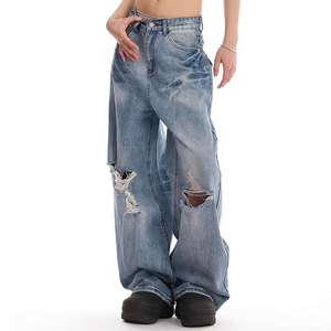 <span class=keywords><strong>Jeans</strong></span> Huanqiu Y2K Estilo Streetwear para Mujer, Cintura Alta, Desgastados, Corte Denim, Pierna Ancha - Product Image 4