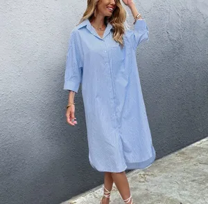 Women's Yarn Dyed Stripe Poplin Button Front Drop Shoulder Shirt Dress Without Belt