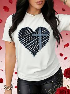 T-shirt da donna a maniche corte per San Valentino, stampa cuore incrociato, girocollo, casual, 100% cotone, traspirante e leggera - Product Image 3