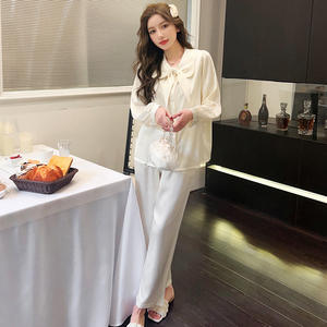 Ensemble <span class=keywords><strong>de</strong></span> pyjama Icesilk pour femmes couleur unie à manches longues et <span class=keywords><strong>pantalon</strong></span> 2 pièces printemps automne vêtements <span class=keywords><strong>de</strong></span> détente respirant élégant Homewear - Product Image 5