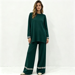 Ensemble élégant en tricot de laine mélangée, pull à manches longues + pantalon large avec strass, vêtements de détente décontractés de luxe pour femmes - Product Image 4