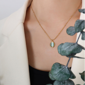 French Vintage Stainless Steel 18K Gold Ins Jewelry Natural Stone <strong>Opal</strong> Oval Cat Eye Pendant <strong>Necklace</strong> for Women Girls - Product Image 3