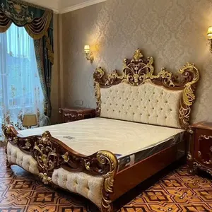 Handmade High Gloss Luxury Mahogany Leather Bedroom Furniture European Classical Royal Bed with Storage Gold Accents Home Hotel