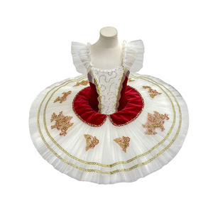 Robe de ballet classique rouge, blanche et or avec appliques, tutu basique style pancake, manches épaules dénudées, pour spectacle de ballet Paquita Raymonda - Product Image 1