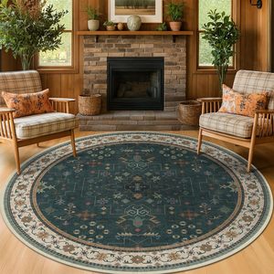 Vintage Boho éclectique Floral <span class=keywords><strong>vert</strong></span> <span class=keywords><strong>foncé</strong></span> <span class=keywords><strong>tapis</strong></span> ronds 6 pieds pour chambre lavable Low Pile antidérapant zone circulaire <span class=keywords><strong>tapis</strong></span> Textiles <span class=keywords><strong>de</strong></span> maison - Product Image 2
