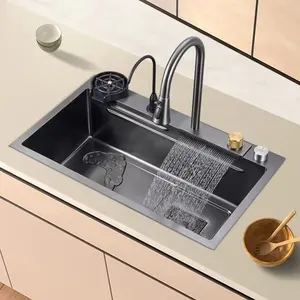 Voriva Multifunzione Lavello da Cucina 304 Acciaio Inox Lavello da Cucina Rubinetto Moderno a Cascata Piogge Singola Ciotola da Cucina Lavello set