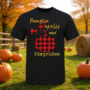 T-shirt Pumpkin Apples And Hayrides pour festival d'automne, motif citrouille à carreaux noirs, unisexe, col rond, manches courtes - Product Image 3