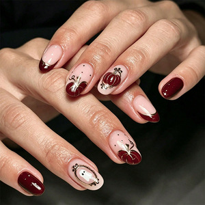30 faux ongles à presser en amande pour Halloween, motif fantôme doré, style français, tendance et mignon, pour manucure DIY - Vente chaude - Product Image 1