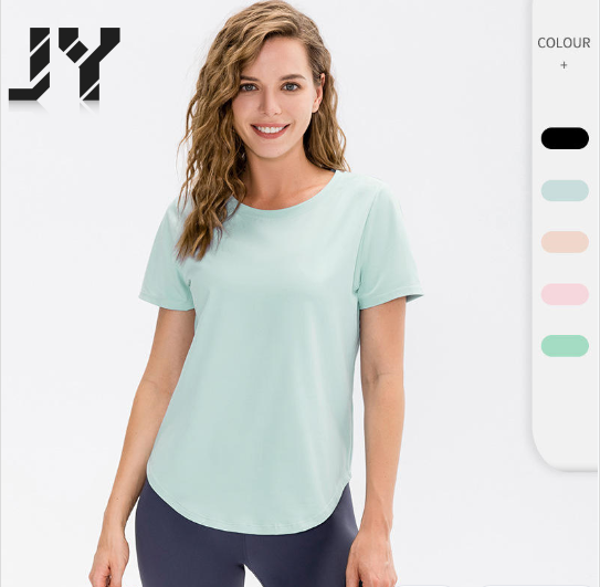 JY New Arrival Custom Logo Summer Women Sportswear Quick Dry Yoga Tops Round Hem Gym Running Stretch Fitness T Shirt for Women