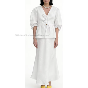 Conjunto de 2 Piezas para Mujer - Top con Mangas Abullonadas y Falda Midi, Atuendo Casual, Ropa de Mujer, Moda - Product Image 2