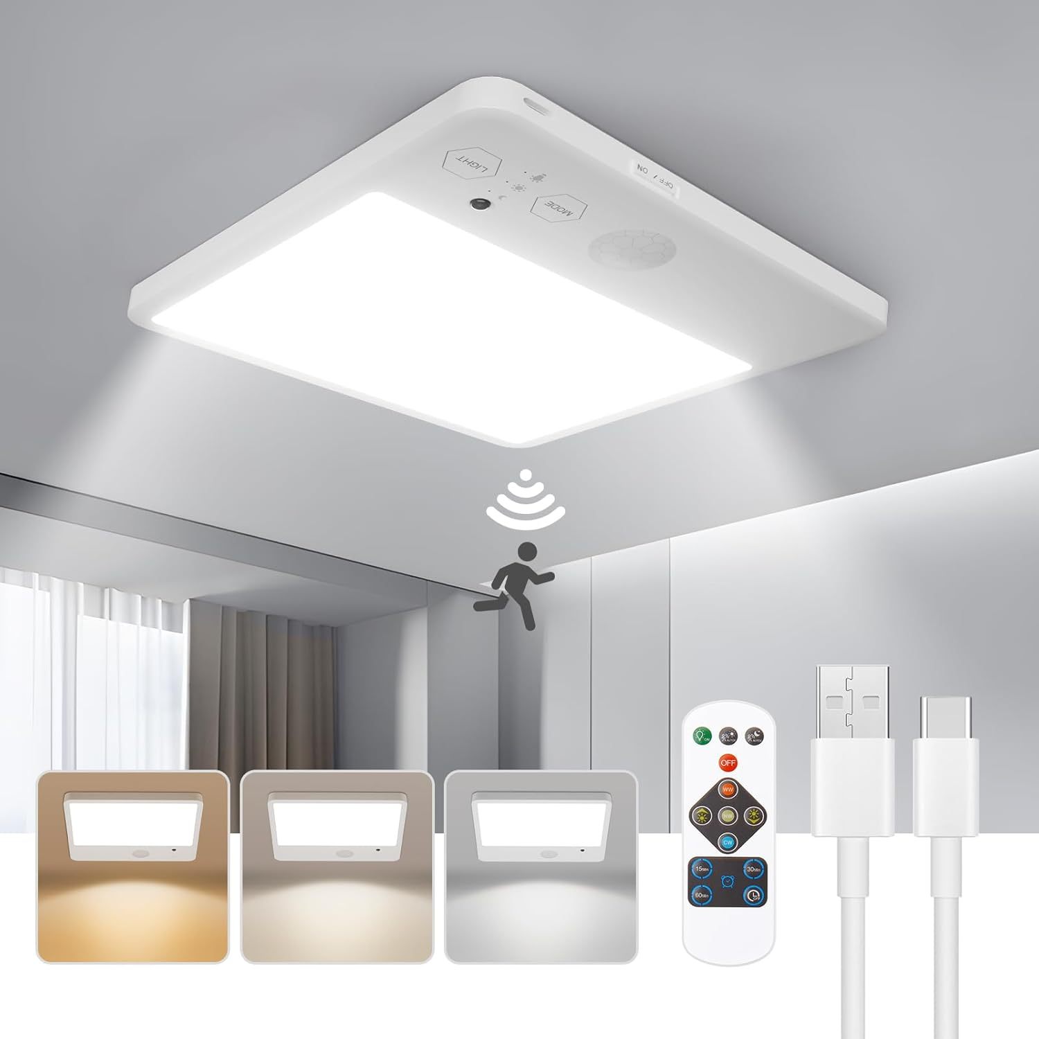 Rechargeable Ceiling Light with Remote Control, Wireless, Motion Sensor, Battery-powered Ceiling Lamp