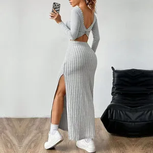 <span class=keywords><strong>Robe</strong></span> élégante pour femmes à manches longues avec col carré et <span class=keywords><strong>dos</strong></span> ouvert en gris pour <span class=keywords><strong>le</strong></span> printemps et l'<span class=keywords><strong>été</strong></span>, vente en gros - Product Image 1