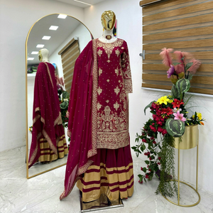 Conjunto de Salwar Kameez Étnico para Mujer, Traje Anarkali de Georgette con Bordado Intenso y Dupatta para Bodas y Fiestas - Product Image 1