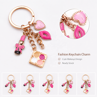 Porte-clés vintage en alliage de zinc plaqué or avec émail goutte d'huile, ensemble de pendentifs pour sac de maquillage rouge rosé, charme de porte-clés en forme de rouge à lèvres
