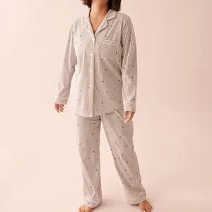 Phụ Nữ Tùy Chỉnh Sang Trọng Mềm Sọc Flannel Dài Tay Áo Sơ Mi Pajama 2 Mảnh Thiết Lập Quyến Rũ Mô Hình Thêu Phòng Chờ Mặc Quần Áo Ngủ