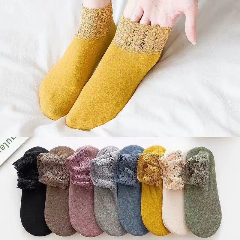 Winter Kawaii Women Plush Short Socks With Lace Edge Solid Color Spring Autumn Warm Short Socks Household No-slip Floor Socks