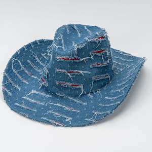 Nouveau design – Chapeau de <span class=keywords><strong>cowboy</strong></span> en jean bleu western à large bord avec déchirures style jazz, unisexe, décontracté, pour l'extérieur, protection solaire, toutes saisons - Product Image 1