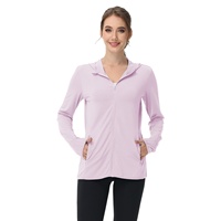 Veste de protection solaire à capuche légère à manches longues pour femme UPF 50+, ultra douce, entièrement zippée, infroissable, 100 % polyester