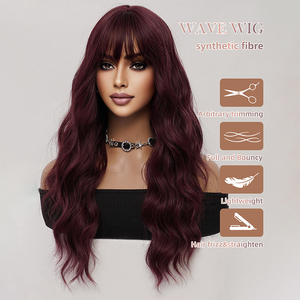 <span class=keywords><strong>Parrucca</strong></span> Lunga Ondulata Rosso Scuro con Frangia per Donne, in Fibra di Seta Resistente al Calore, Realizzata a Macchina, per Uso Quotidiano, Stile Lolita, 26 Pollici - Product Image 5