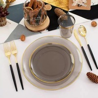 Assiettes à steak occidentales en plastique rigide PS, jetables, transparentes, avec bord doré, vaisselle de table